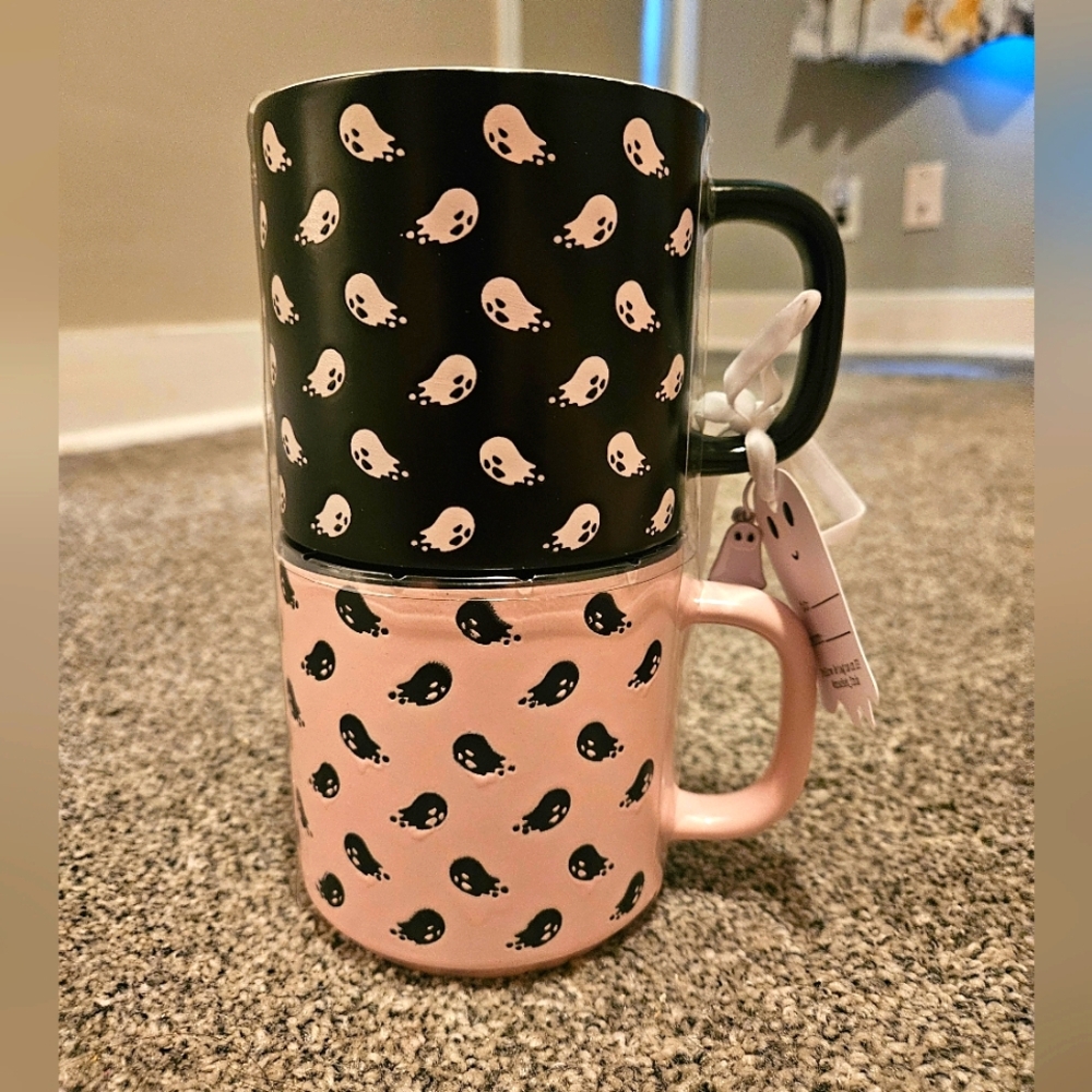 Ghost Stackable Mug Set Black & Pink Halloween Set Of 2